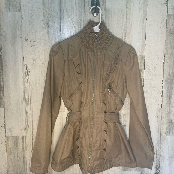 Betsey Johnson Khaki Tan Scalloped Tie Back Zip Up Jacket- size S - Picture 13 of 16
